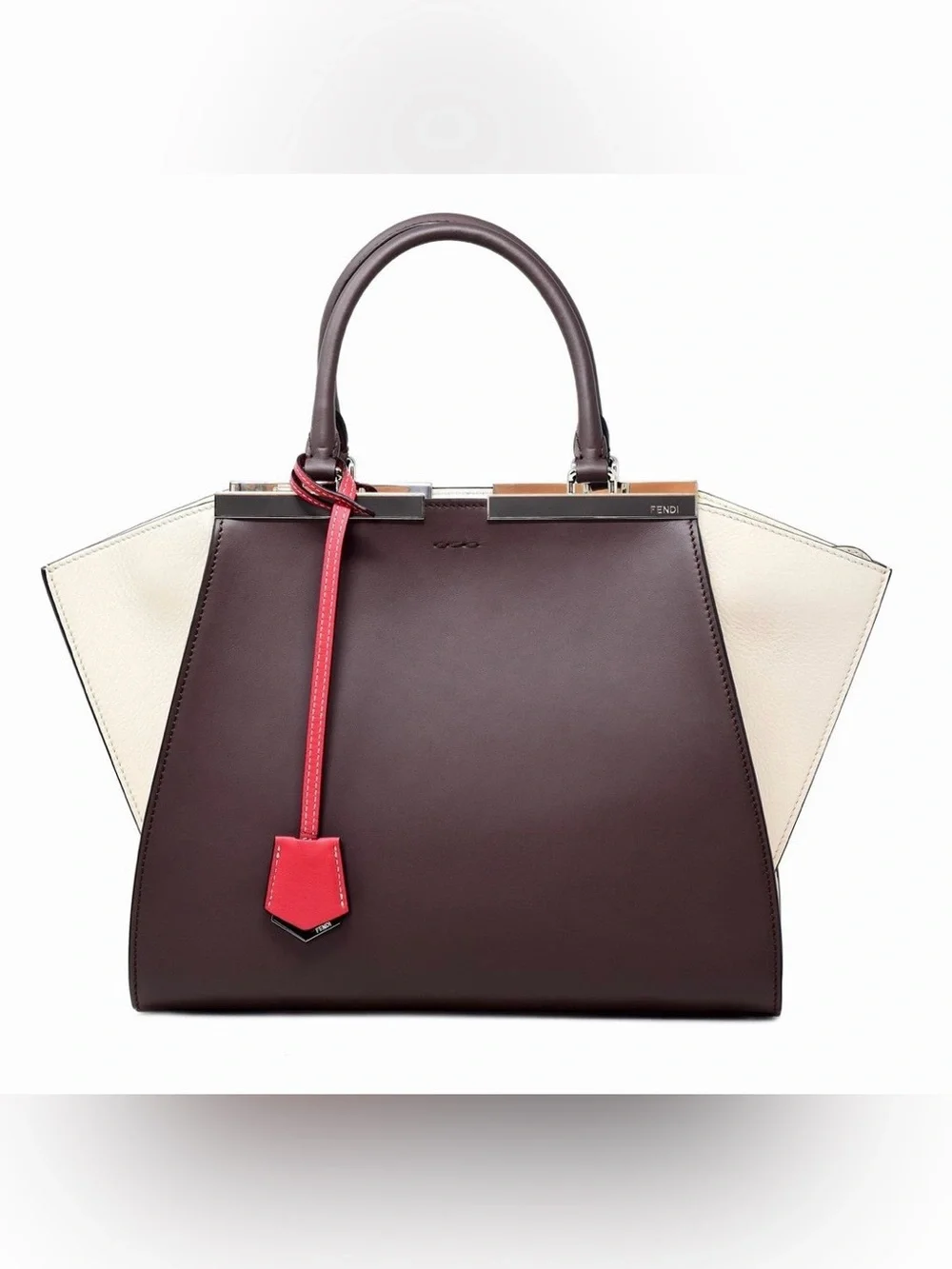 **FENDI** 3Jours LARGE Brown Colorblock Leather Top-Handle Bag with Red Accent